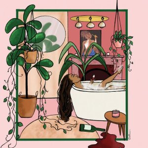 Black love art featuring Black woman in bath tub surrounded by plant by iCanvas artist DeeLashee Artistry