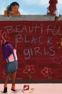 Black love art of three young Black girls writing "Beautiful Black Girls" on brick wall in chalk by DeeLashee Artistry