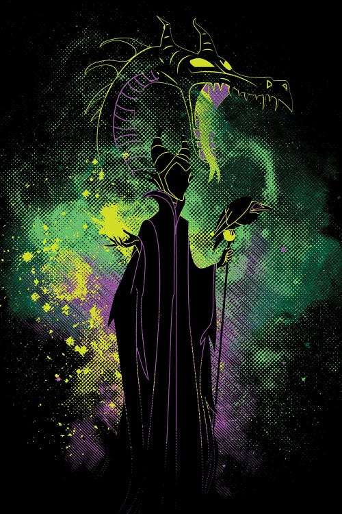 Art of silhouette of Maleficent and dragon against splashes of green and purple by new icanvas artist Donnie Art