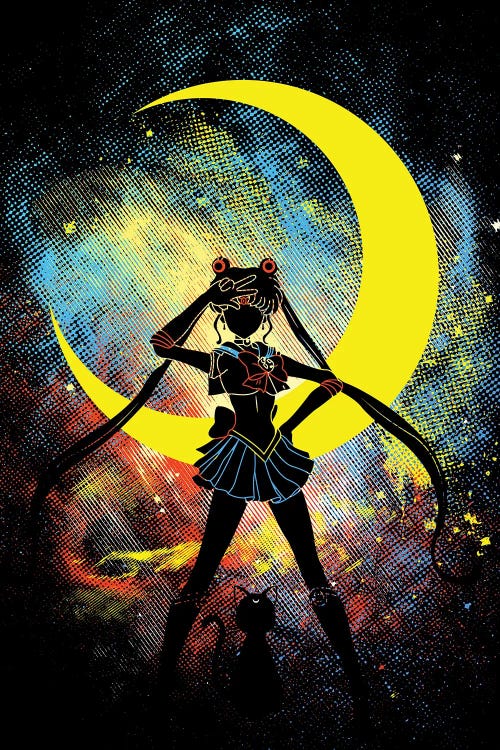 Sci-fi art of silhouette of anime girl and cat in front of moon and red, yellow and blue splashes by new creator Donnie Art