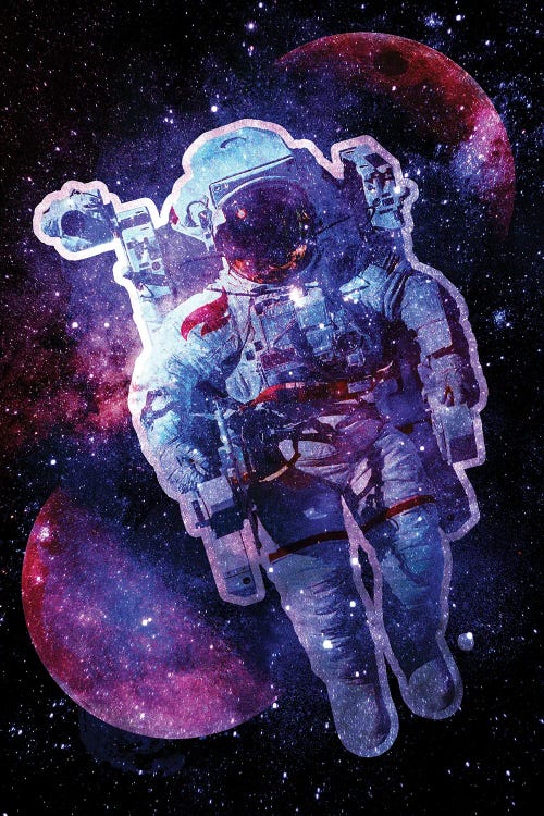 Astronaut art of a spaceman floating in purple and blue starry sky by new icanvas creator Donnie Art
