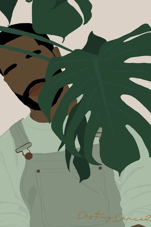 Faceless portrait of Black man in green overalls behind plant by new creator Destiny Darcel