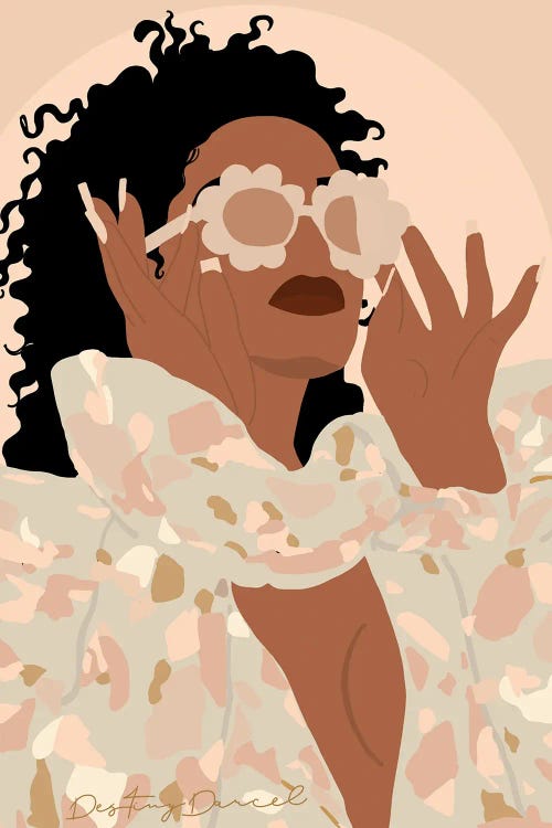 Portrait of Black woman putting on flower sunglasses by new iCanvas creator Destiny Darcel