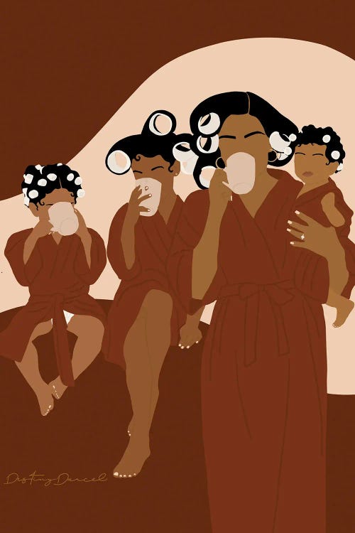Faceless art of Black women and girls with curlers in hair drinking coffee by new iCanvas artist Destiny Darcel