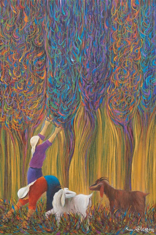 Wall art of two people working the land with two goats by new icanvas creator Emin Guler