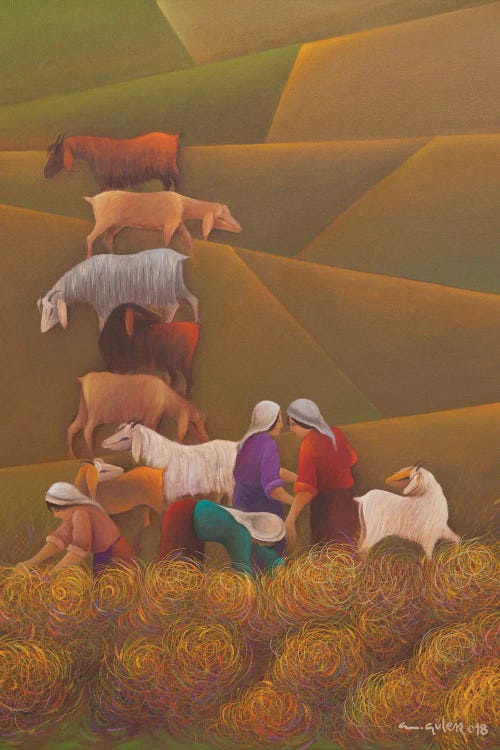 Wall art of goats and farm workers in a field by new icanvas artist Emin Guler