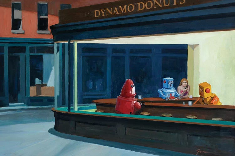 Classic art with a twist of Nighthawks reimagined with robots at diner by iCanvas artist Eric Joyner