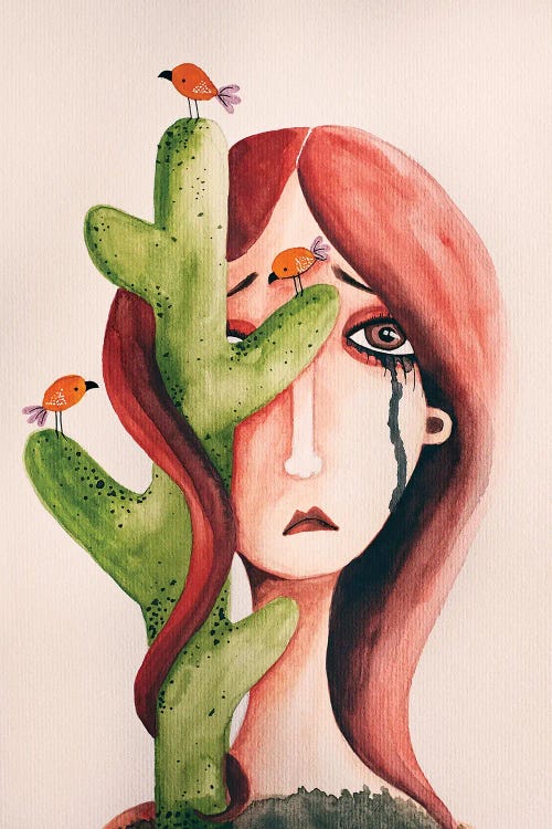 Frida Kahlo inspired art of red headed woman with cactus in hair by Femke Muntz
