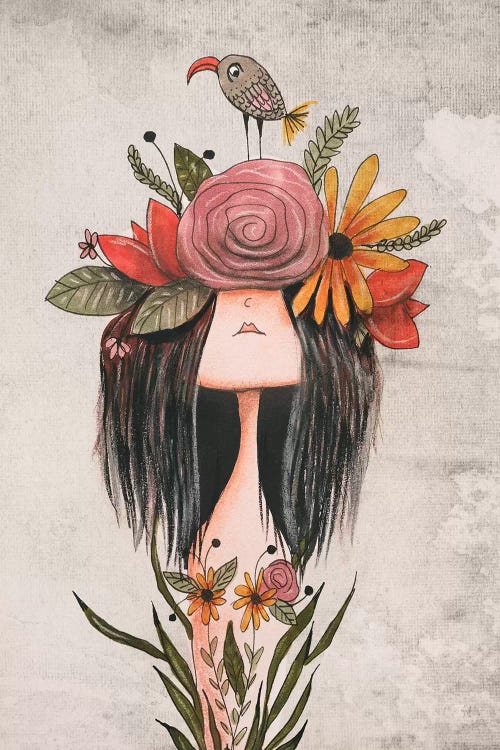 frida kahlo inspired art of woman with flower crown and bird on head by icanvas artist Femke Muntz