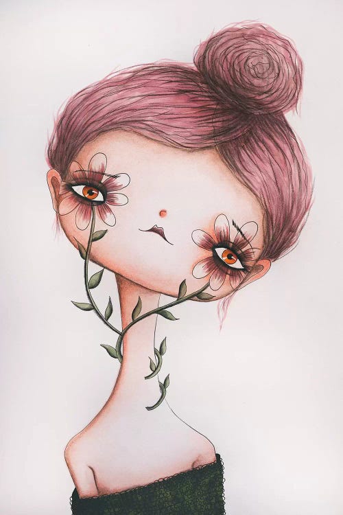 Frida Kahlo inspired art of woman with flowers for eyes by icanvas artist femke muntz