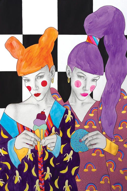 Wall art of two women with orange and purple hair against checkered background by new creator Giulia Caruso