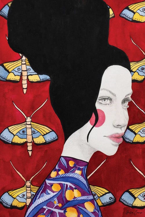 Portrait of woman with black hair against moth patterned wall paper by new icanvas creator Giulia Caruso