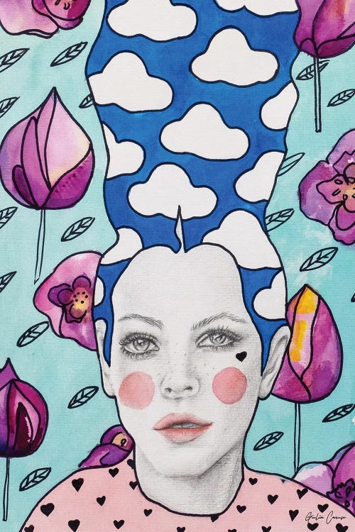 Wall art of woman with cloud hair against floral background by new icanvas artist Giulia Caruso