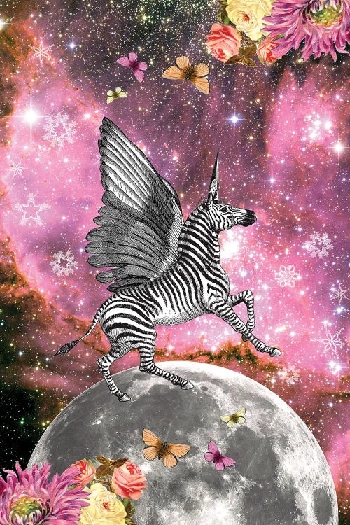 Wall art of a zebra unicorn on a moon against a pink sky by new icanvas creator Gloria Sanchez