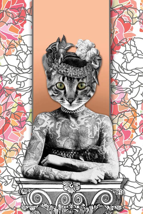 Wall art of a cat woman against pink floral background by new creator Gloria Sanchez