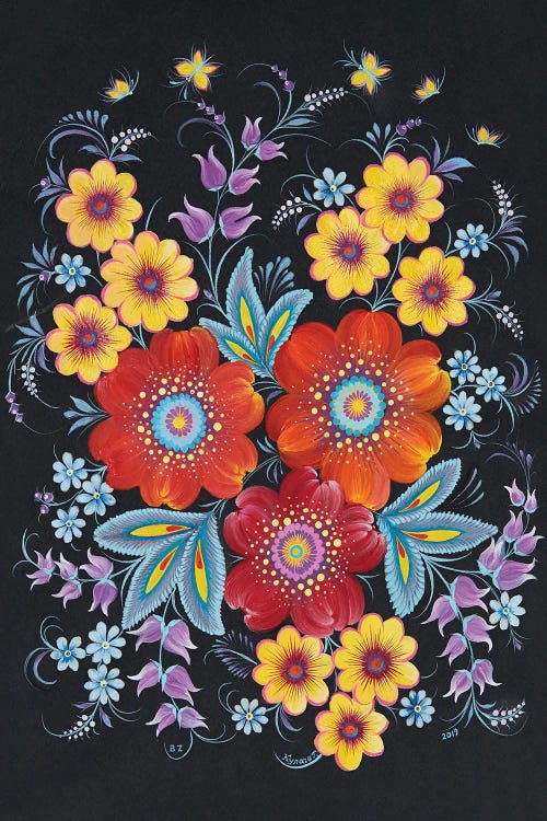 Floral motif featuring orange, yellow, blue and pink flowers against dark background by new iCanvas artist Haylna Kulaga