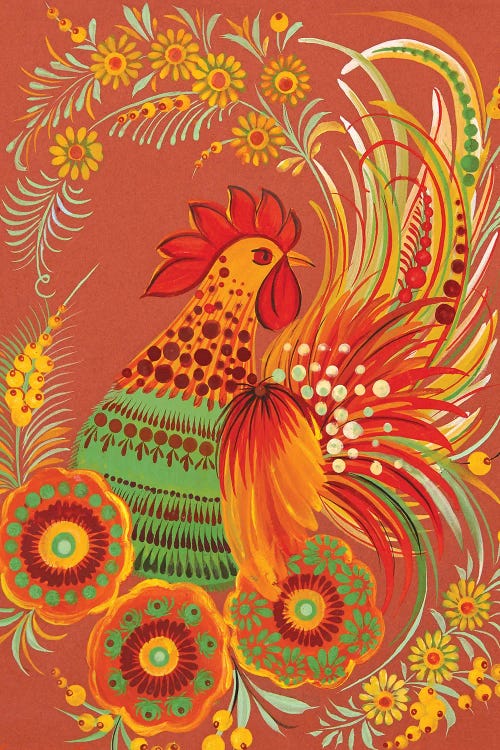 Orange wall art featuring a rooster surrounded by green, yellow and orange florals by new creator Halyna Kulaga
