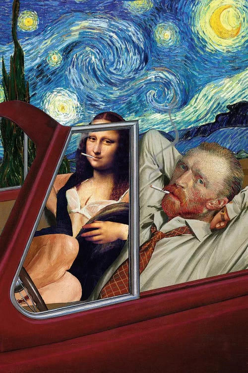 Classic art print of Van Gogh’s Starry Night reimagined with Van Goh and Mona Lisa in convertible by iCanvas artist Barry Kite