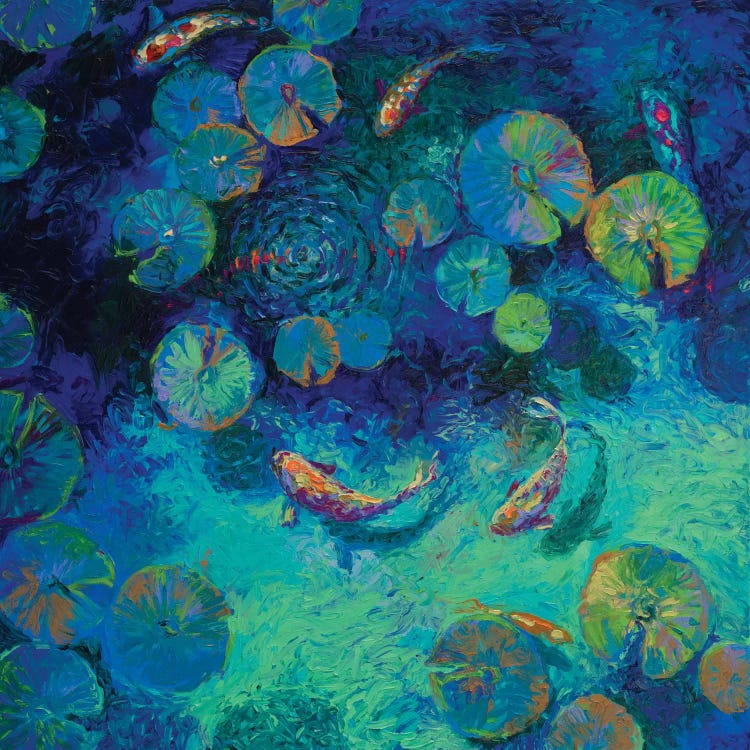 Classical art of Monet’s Water Lilies reimagined with blues and Taiwanese fish by iCanvas artist Iris Scot