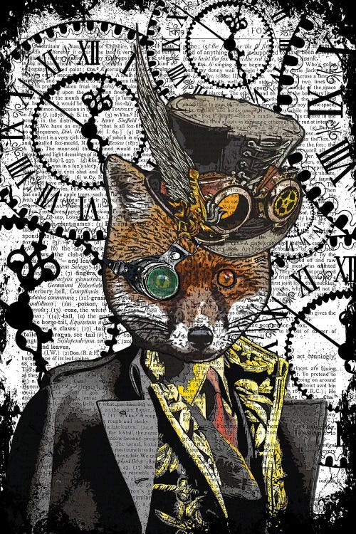 Art of Steampunk fox against dictionary background by new icanvas artist in the frame shop