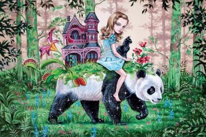 Pop surrealism art of girl riding on a panda in enchanted forest by iCanvas artist Julie Filipenko