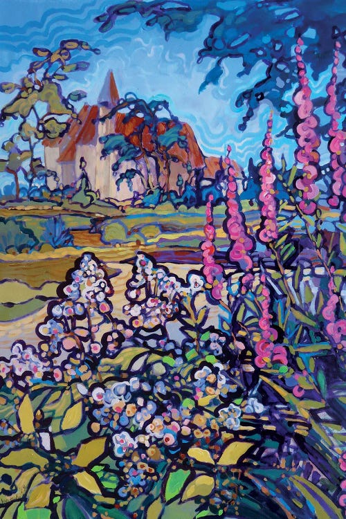 Impressionist painting of castle beyond purple and pink flowers by new iCanvas artist Judy Hodge