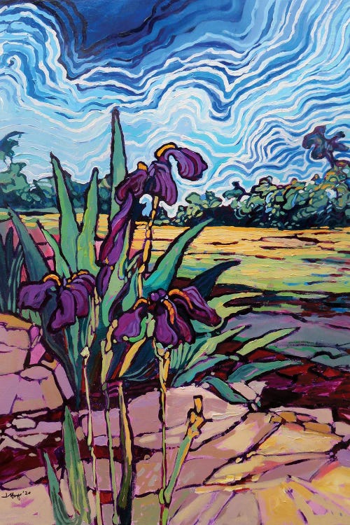 Impressionist painting of purple irises in front of green field and blue sky by new iCanvas creator Judy Hodge
