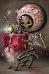 Lowbrow art of skeleton riding furry creature by iCanvas pop surrealism artist Jason Limon