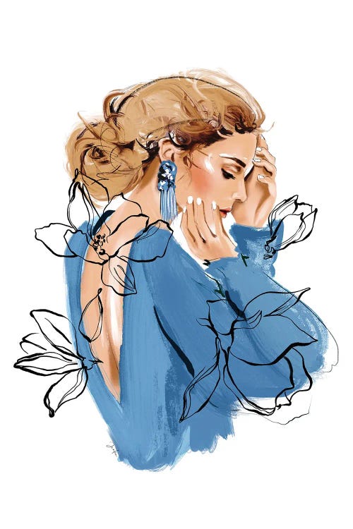 Fashion illustration of blonde woman in blue blouse by new icanvas creator Janka Letkova