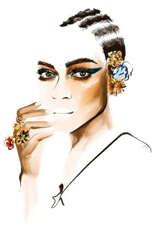 Fashion illustration of Black woman wearing blue eye makeup and flowers in cornrows by new icanvas artist Janka Letkova
