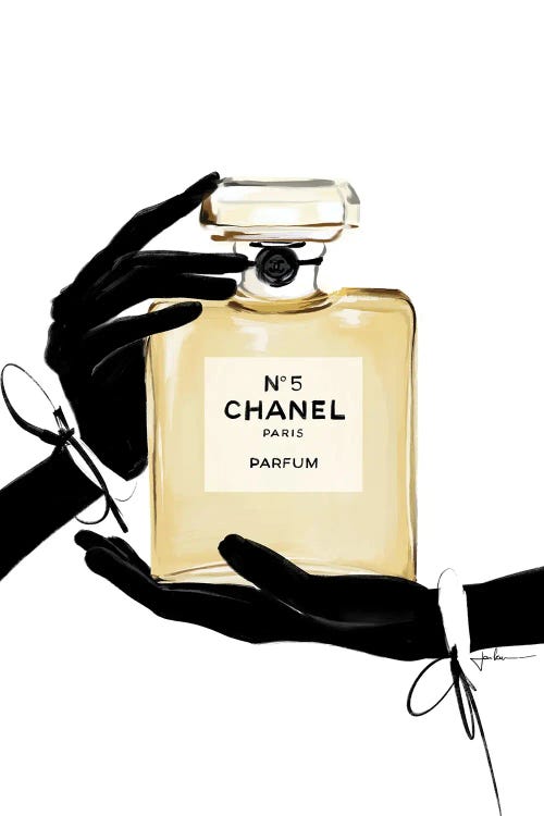Fashion illustration of gold bottle of Chanel No 5 held by black hands by new creator Janka Letkova
