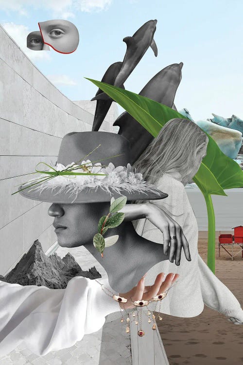 collage featuring womans face, plants and dolphins by new icanvas creator Kristi Goshovska