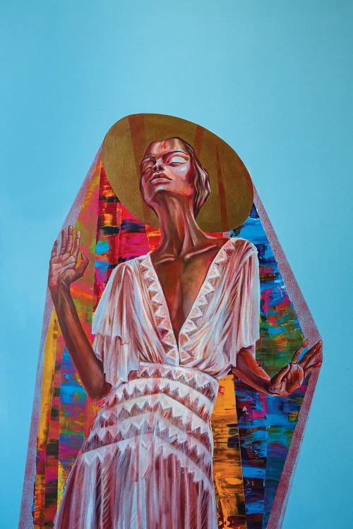 Surreal art of Black woman wearing hat, white dress and colorful shawl by new icanvas creator Kristi Goshovska 