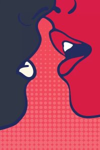 Kubistika-the-kiss Pop art of interracial couples mouths about to kiss against red background by iCanvas artist Kubistika