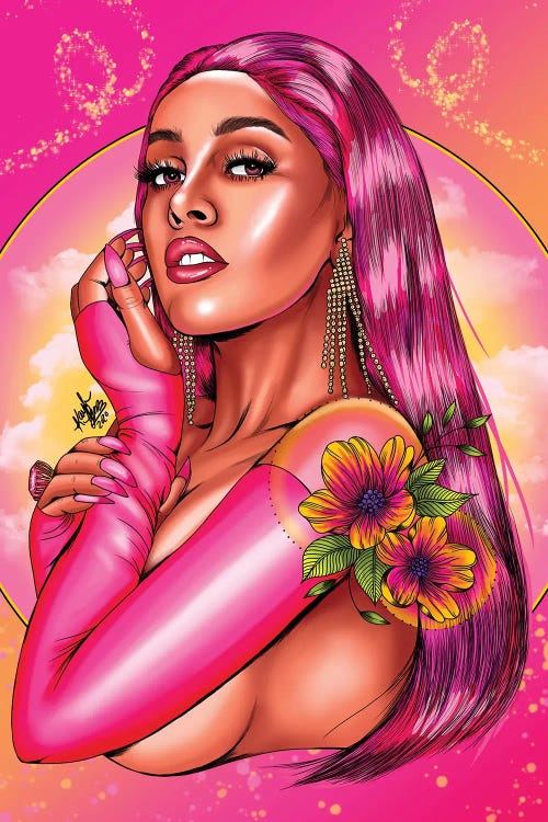 Portrait of Doja Cat with pink hair and gloves against pink cloudy background by iCanvas artist Kaylin Taraska