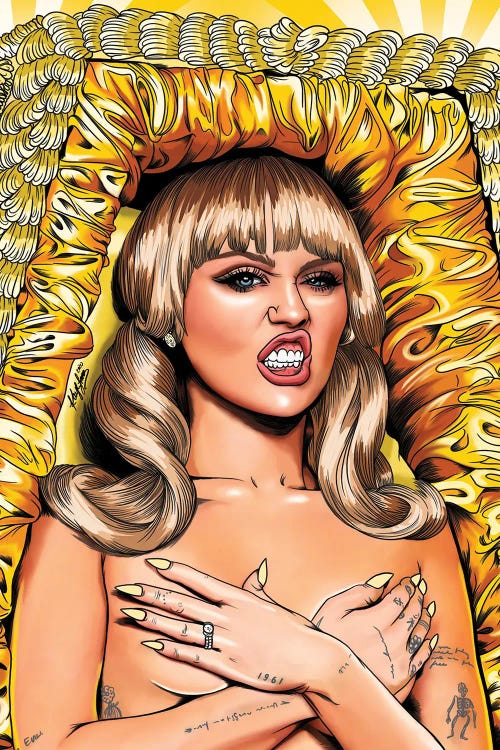 Portrait of Miley Cyrus covering breasts against gold background by new iCanvas artist Kaylin Taraska