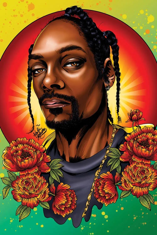 Portrait of Snoop Dogg with orange flowers against yellow, orange and green background by new creator Kaylin Taraska