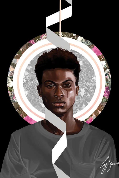 Pop culture portrait of Lil Nas X in front of pink and grey abstract circle by new iCanvas creator Laji Sanusi