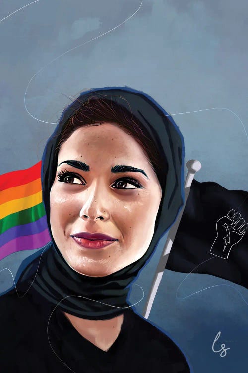 Portrait of woman in black hijab in front of Pride flag and Black Lives Matter flag by new icanvas artist Laji Sanusi