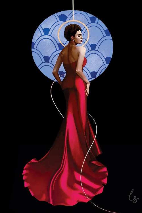 Portrait of a Black woman in red dress looking to her right in front of blue abstract circle by new creator Laji Sanusi