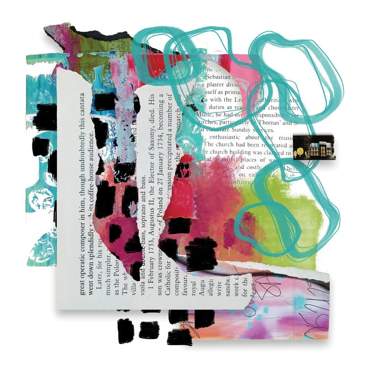 Classic art print reimagining Matisse’s cut-outs with collaged book paes and chaotic brush strokes by Lanie K Art