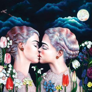 Love art of lesbian couple kissing in front of cloudy sky and moon with flowers in front by iCanvas artist Live Pakalne Fanelli