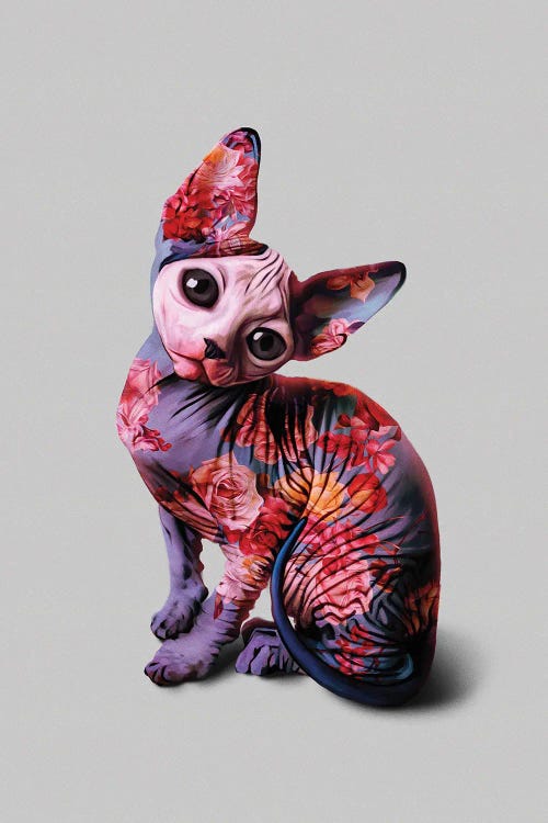 Pop surrealist portrait of a hairless cat painted purple with pink and red flowers by new icanvas creator Laura H. Rubin