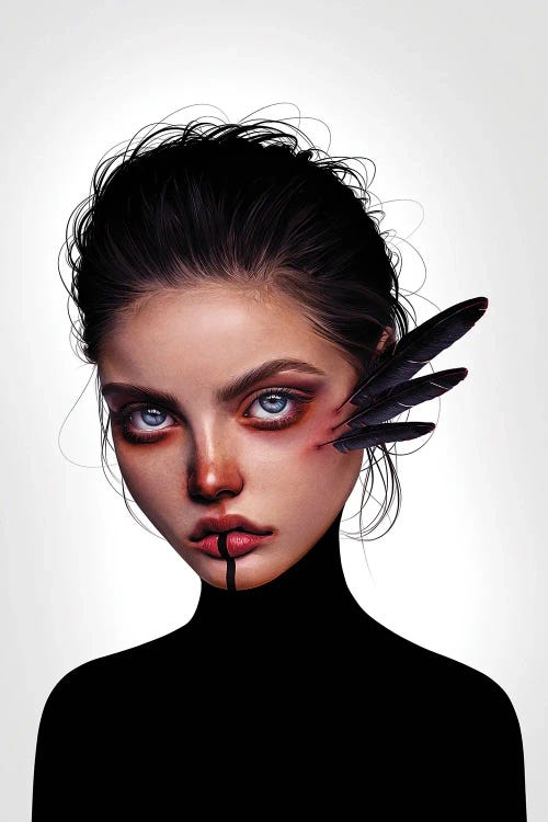 Pop surrealist portrait of woman with black hair, three black feathers in face and black turtleneck by new creator Laura H. Rubin