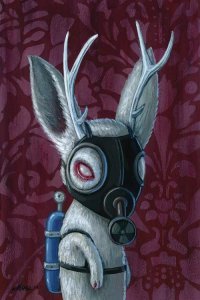 Lowbrow art of rodent with horns wearing gas mask by iCanvas pop surrealism artist Megan Majewski