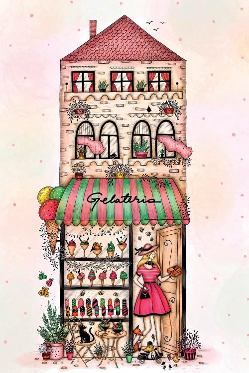 Illustration of a pink and green quaint gelato shop by new icanvas artist Madalina Tantareanu
