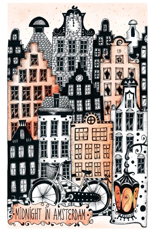 Black and pink illustration of city of Amsterdam at midnight by new creator Madaline Tantareanu
