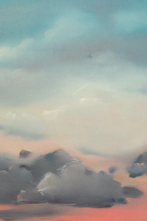 Painting of a gray, blue, pink and white cloudy sky by new iCanvas creator Megan Jefferson
