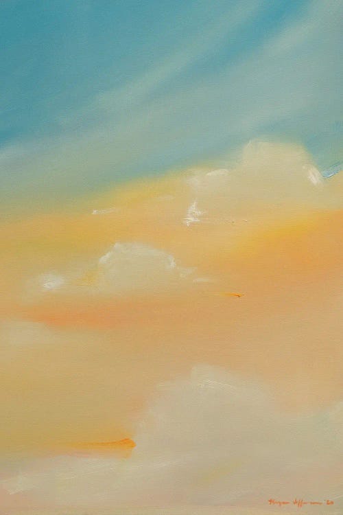 Painting of a orange, yellow, blue and white cloudy sky by iCanvas creator Megan Jefferson