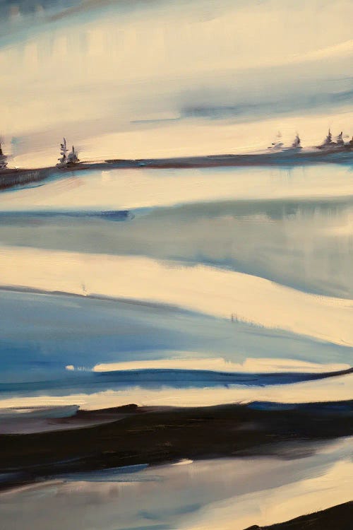 Blue and white abstract painting with trees in the distance by new iCanvas artist Megan Jefferson